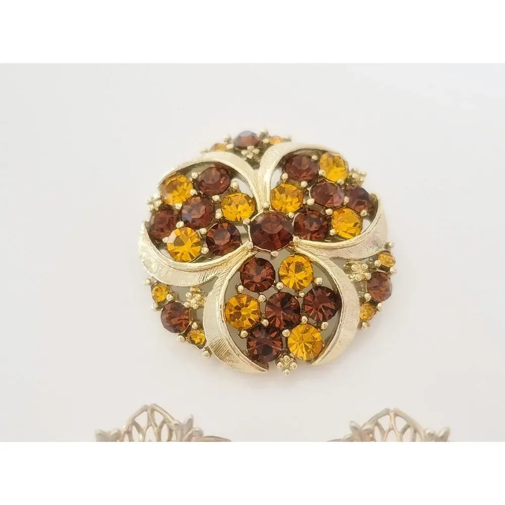 Vintage MCM Amber and Brown Rhinestone Brooch and Earring Set
